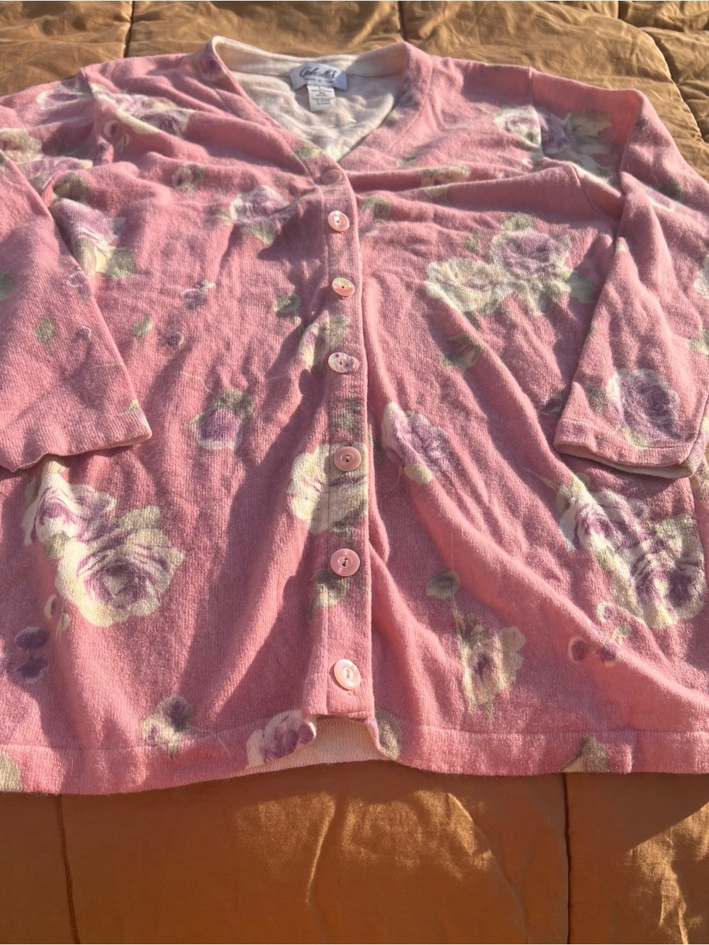 Gabrielle T. Merino Wool Blend Pink/Cream Floral Rose Soft Button Front Cardigan